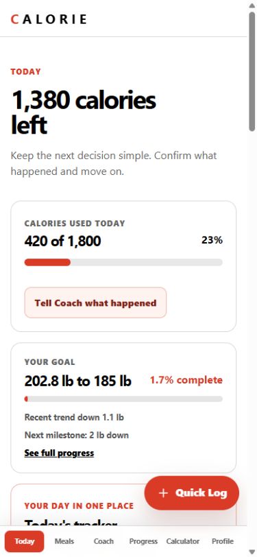 Real CALORIE Today screen showing a visible daily calorie budget and planned meals
